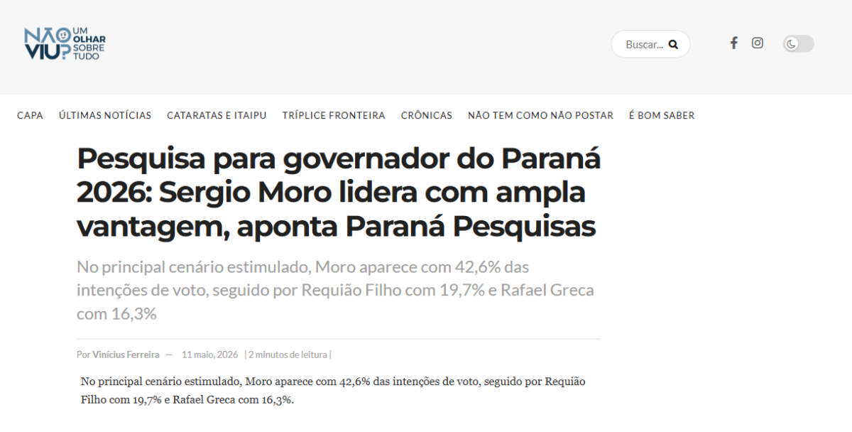 Blog Não Viu cita pesquisa realizada para Paraná Pesquisas no Estado do Paraná.