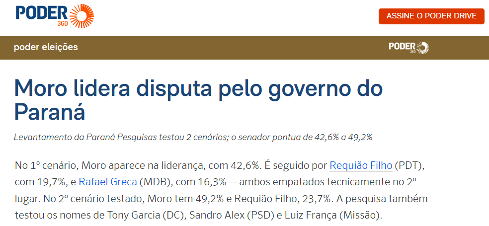 Poder 360 cita pesquisa realizada para Paraná Pesquisas no Estado do Paraná.