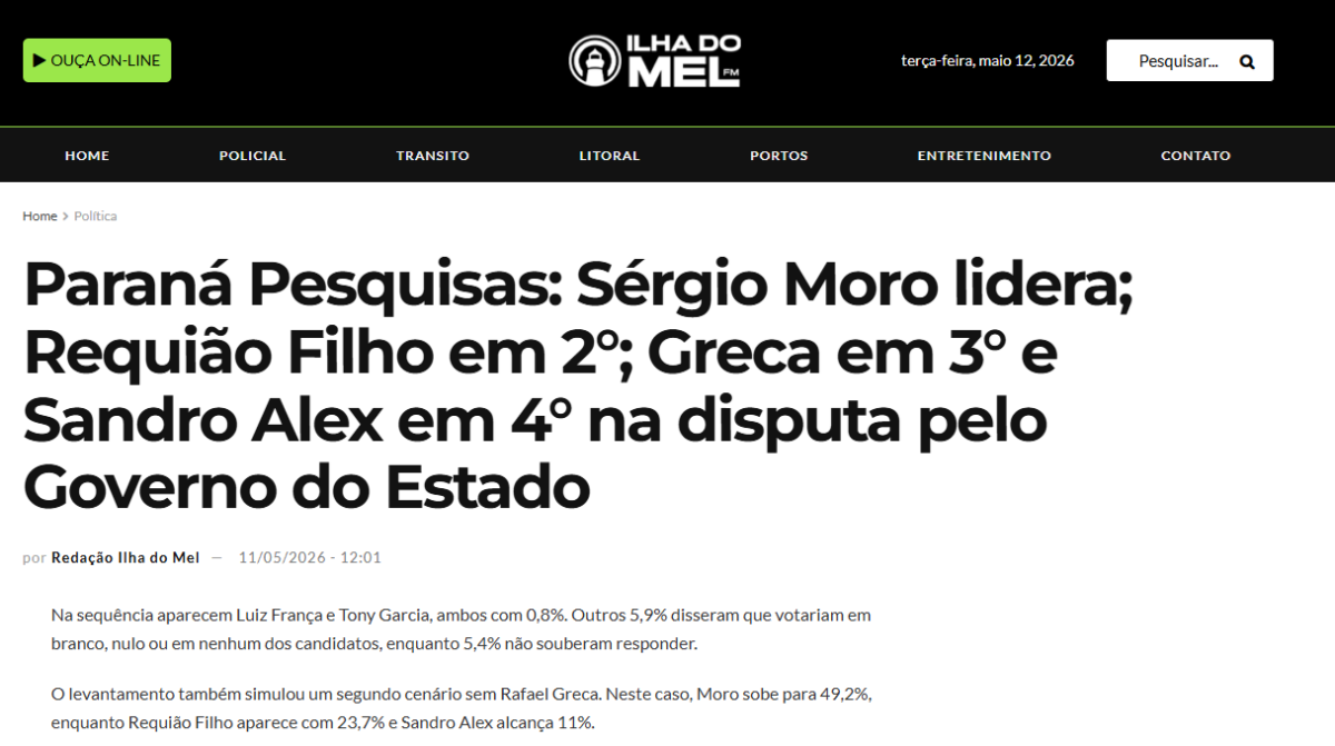 Ilha do Mel cita pesquisa realizada para Paraná Pesquisas no Estado do Paraná. 2 Ilha do Mel cita pesquisa realizada para Paraná Pesquisas no Estado do Paraná.