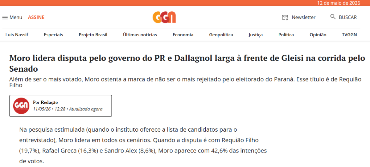 Jornal GGN cita pesquisa realizada para Paraná Pesquisas no Estado do Paraná.