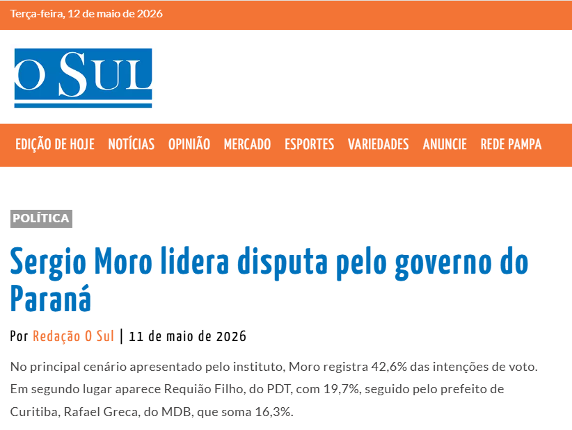 O Sul cita pesquisa realizada para Paraná Pesquisas no Estado do Paraná. 2 O Sul cita pesquisa realizada para Paraná Pesquisas no Estado do Paraná.