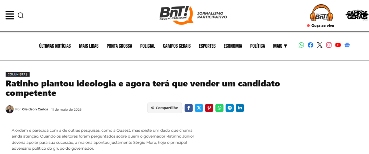 BNT Online cita pesquisa realizada para Paraná Pesquisas no Estado do Paraná.