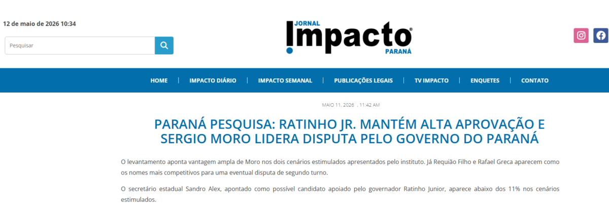 Jornal Impacto Paraná cita pesquisa realizada para Paraná Pesquisas no Estado do Paraná.