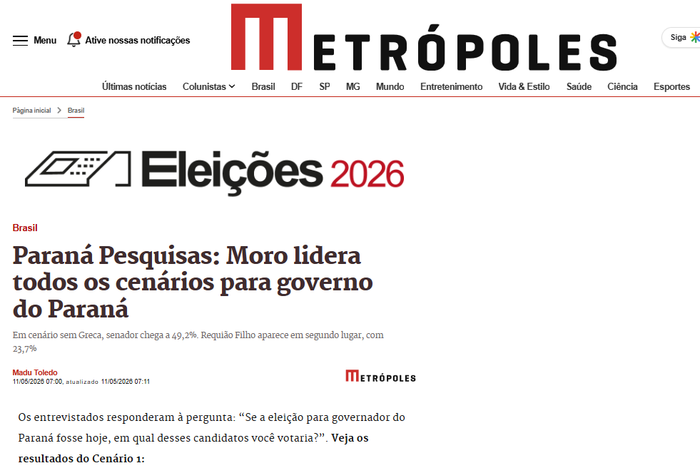 Metrópoles cita pesquisa realizada para Paraná Pesquisas no Estado do Paraná. 2 Metrópoles cita pesquisa realizada para Paraná Pesquisas no Estado do Paraná.