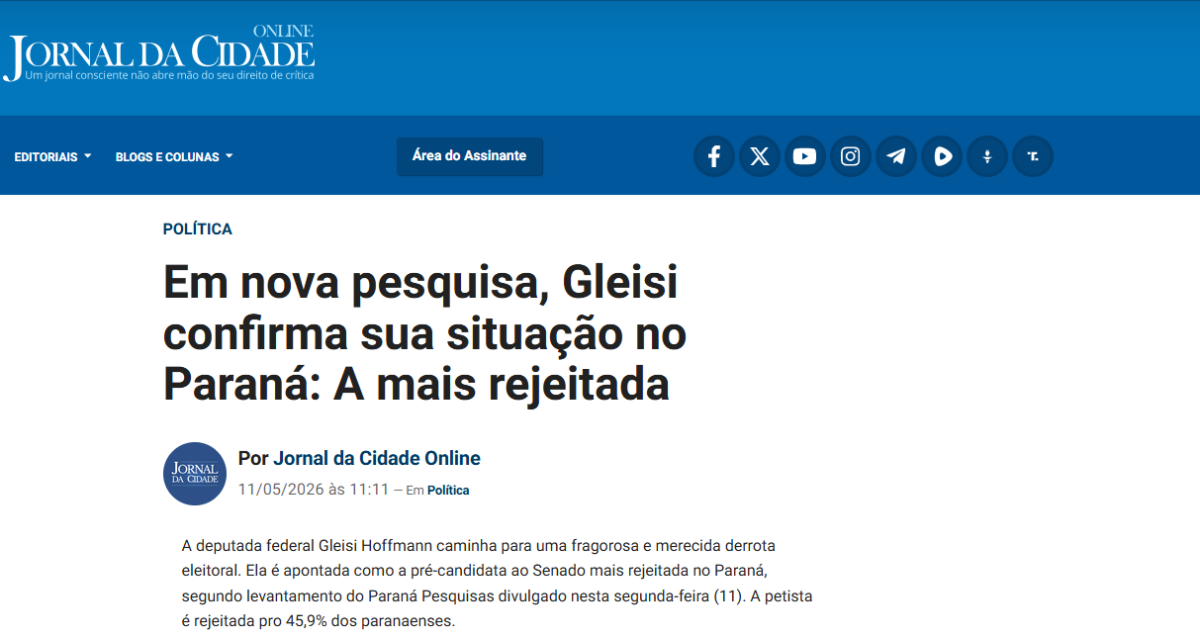 Jornal da Cidade Online cita pesquisa realizada para Paraná Pesquisas no Estado do Paraná. 2 Jornal da Cidade Online cita pesquisa realizada para Paraná Pesquisas no Estado do Paraná.