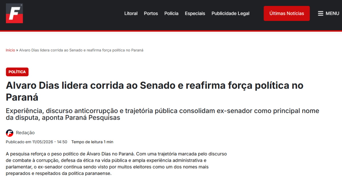 Folha do Litoral cita pesquisa realizada para Paraná Pesquisas no Estado do Paraná. 2 Folha do Litoral cita pesquisa realizada para Paraná Pesquisas no Estado do Paraná.