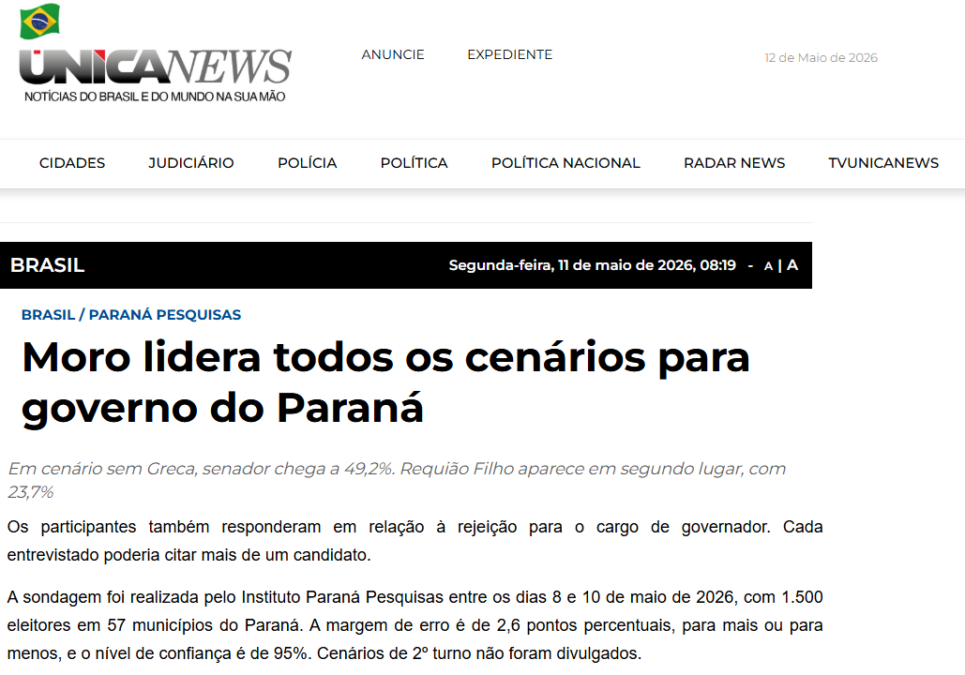 Única News cita pesquisa realizada para Paraná Pesquisas no Estado do Paraná.