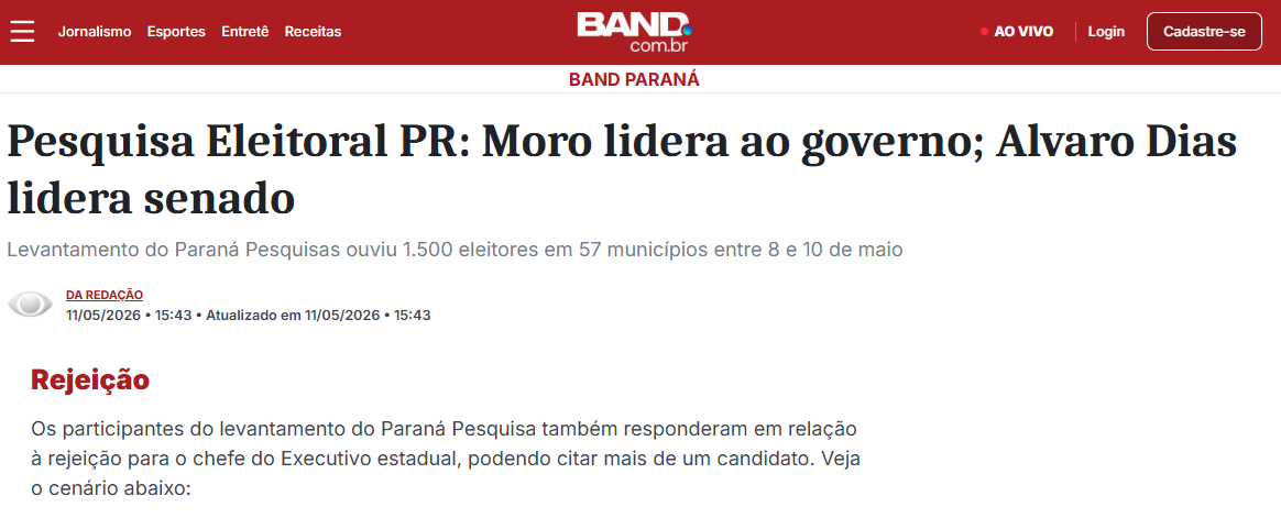 Band cita pesquisa realizada para Paraná Pesquisas no Estado do Paraná. 2 Band cita pesquisa realizada para Paraná Pesquisas no Estado do Paraná.