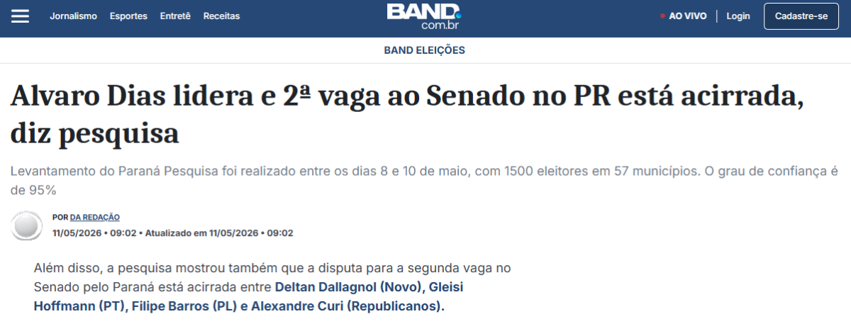 Band cita pesquisa realizada para Paraná Pesquisas no Estado do Paraná.