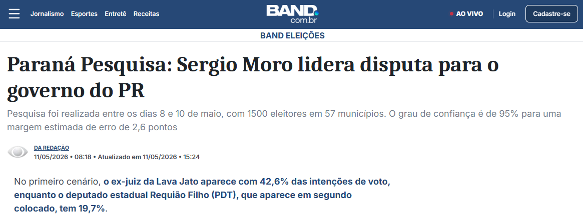 Band cita pesquisa realizada para Paraná Pesquisas no Estado do Paraná.