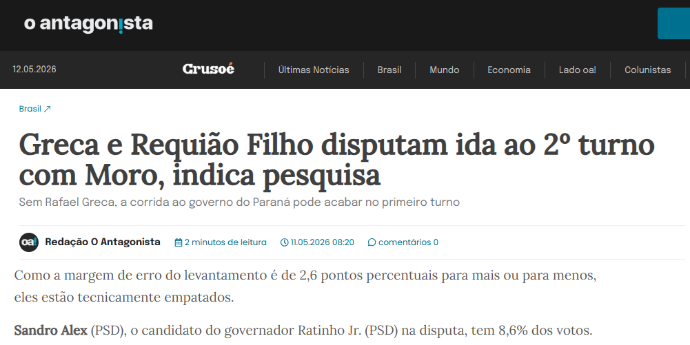 O Antagonista cita pesquisa realizada para Paraná Pesquisas no Estado do Paraná. 2 O Antagonista cita pesquisa realizada para Paraná Pesquisas no Estado do Paraná.