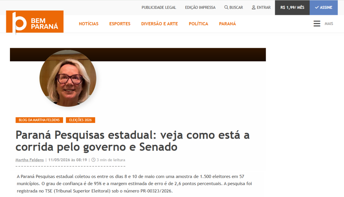 Bem Paraná cita pesquisa realizada para Paraná Pesquisas no Estado do Paraná.