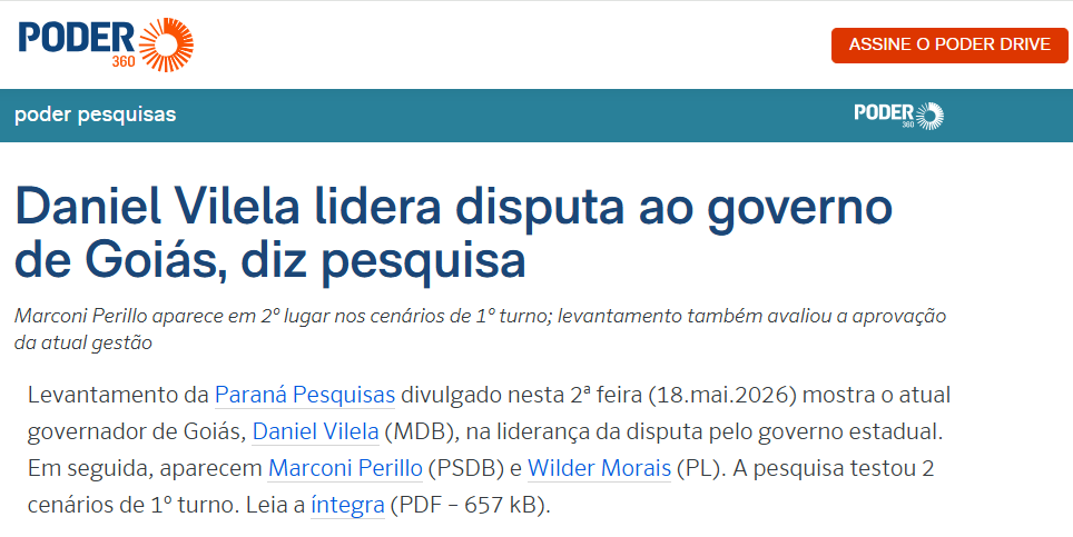 Poder 360 cita pesquisa realizada para Paraná Pesquisas no Estado de Goiás.