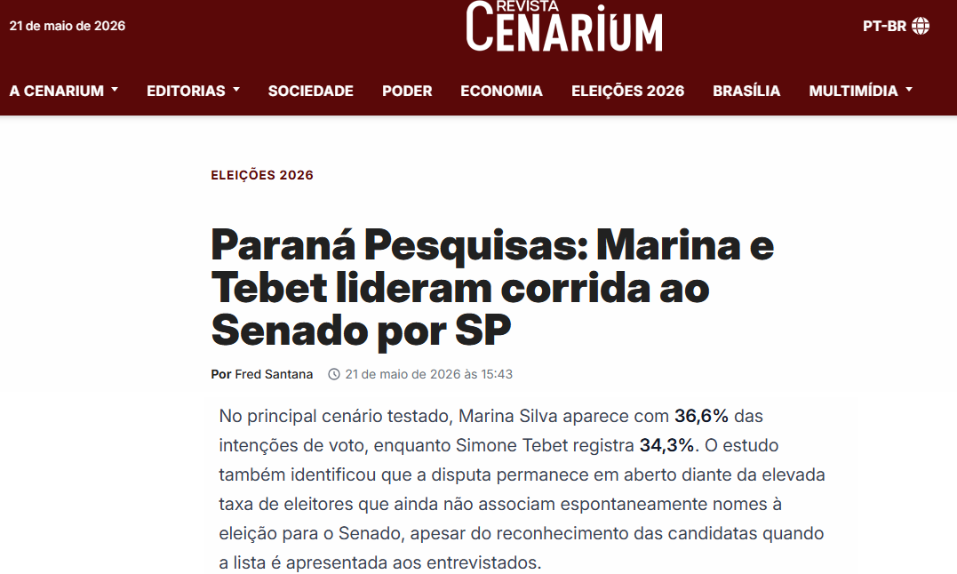 Revista Cenarium cita pesquisa realizada para Paraná Pesquisas no Estado de São Paulo. 2 Revista Cenarium cita pesquisa realizada para Paraná Pesquisas no Estado de São Paulo.
