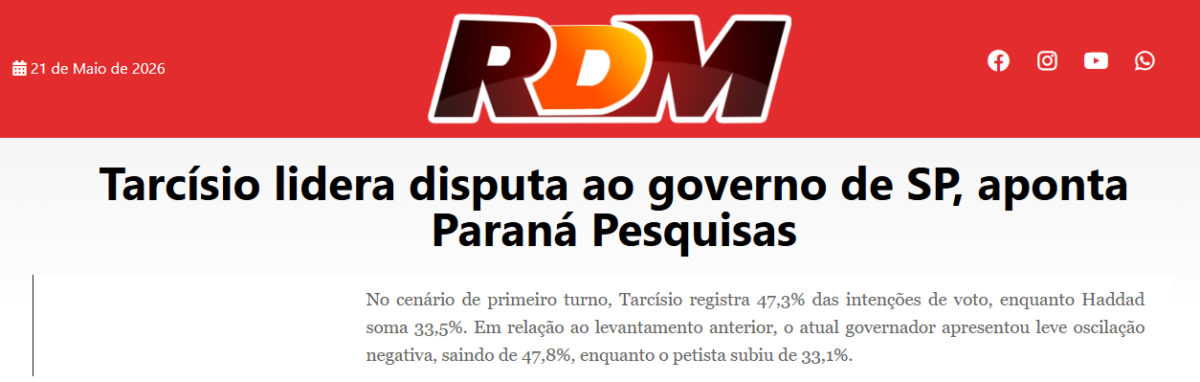 RDM Online cita pesquisa realizada para Paraná Pesquisas no Estado de São Paulo. 2 RDM Online cita pesquisa realizada para Paraná Pesquisas no Estado de São Paulo.