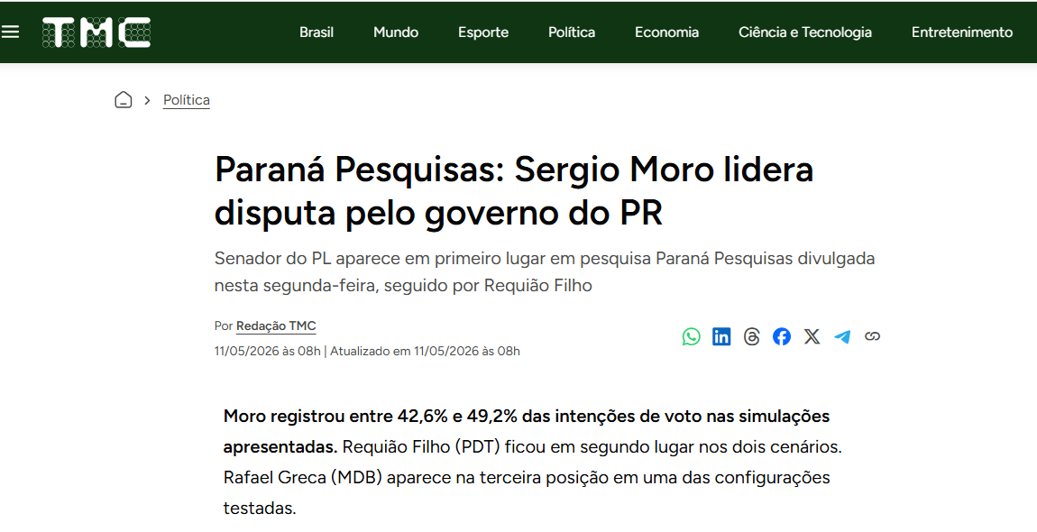 TMC cita pesquisa realizada para Paraná Pesquisas no Estado do Paraná. 2 TMC cita pesquisa realizada para Paraná Pesquisas no Estado do Paraná.