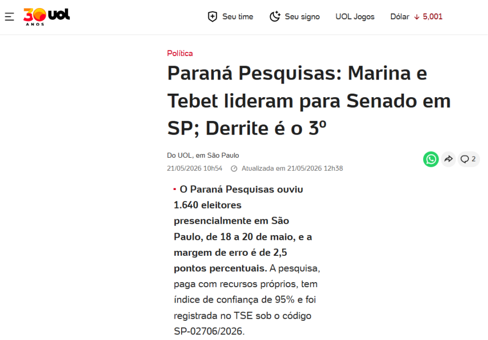 Uol Notícias cita pesquisa realizada para Paraná Pesquisas no Estado de São Paulo. 2 Uol Notícias cita pesquisa realizada para Paraná Pesquisas no Estado de São Paulo.