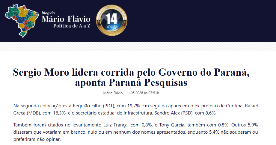 Blog do Mário Flávio cita pesquisa realizada para Paraná Pesquisas no Estado do Paraná. 2 Blog do Mário Flávio cita pesquisa realizada para Paraná Pesquisas no Estado do Paraná.