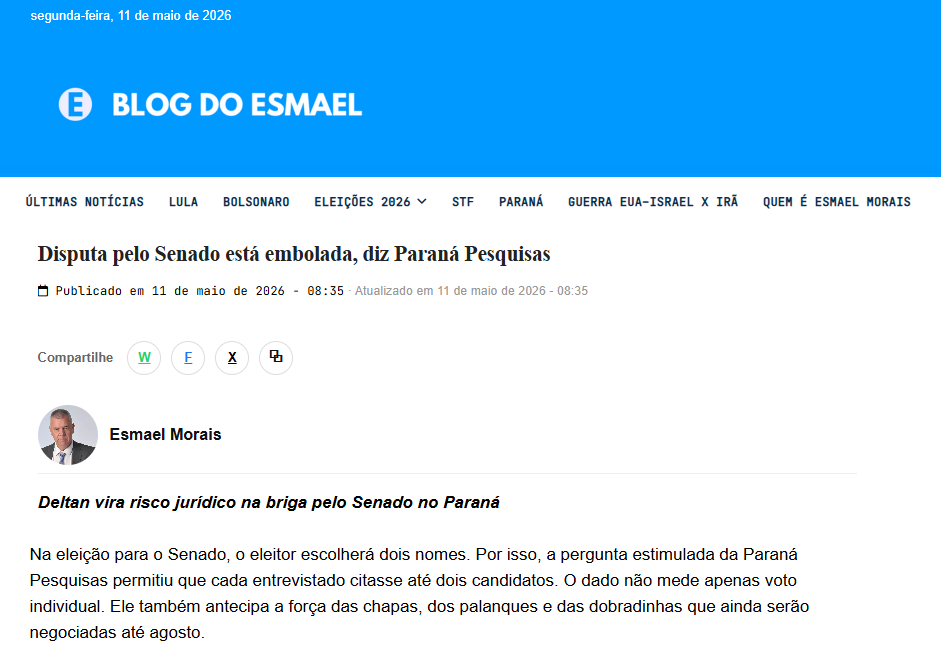Blog do Esmael cita pesquisa realizada para Paraná Pesquisas no Estado do Paraná. 2 Blog do Esmael cita pesquisa realizada para Paraná Pesquisas no Estado do Paraná.