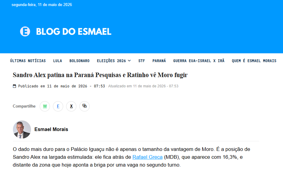 Blog do Esmael cita pesquisa realizada para Paraná Pesquisas no Estado do Paraná.
