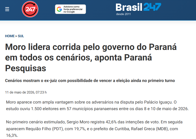 Brasil 247 cita pesquisa realizada para Paraná Pesquisas no Estado do Paraná.