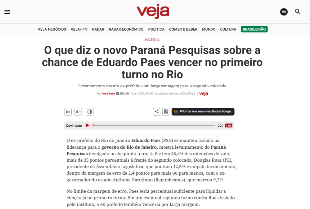 Veja cita pesquisa realizada para Paraná Pesquisas no Estado do Rio de Janeiro.