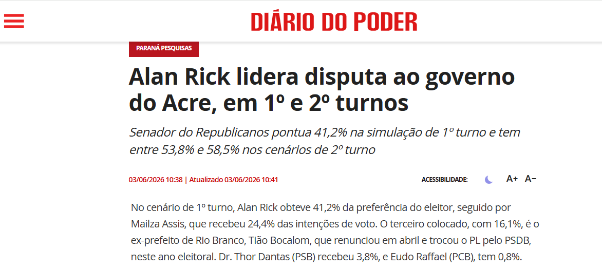 Diário do Poder cita pesquisa realizada para Paraná Pesquisas no Estado do Acre.