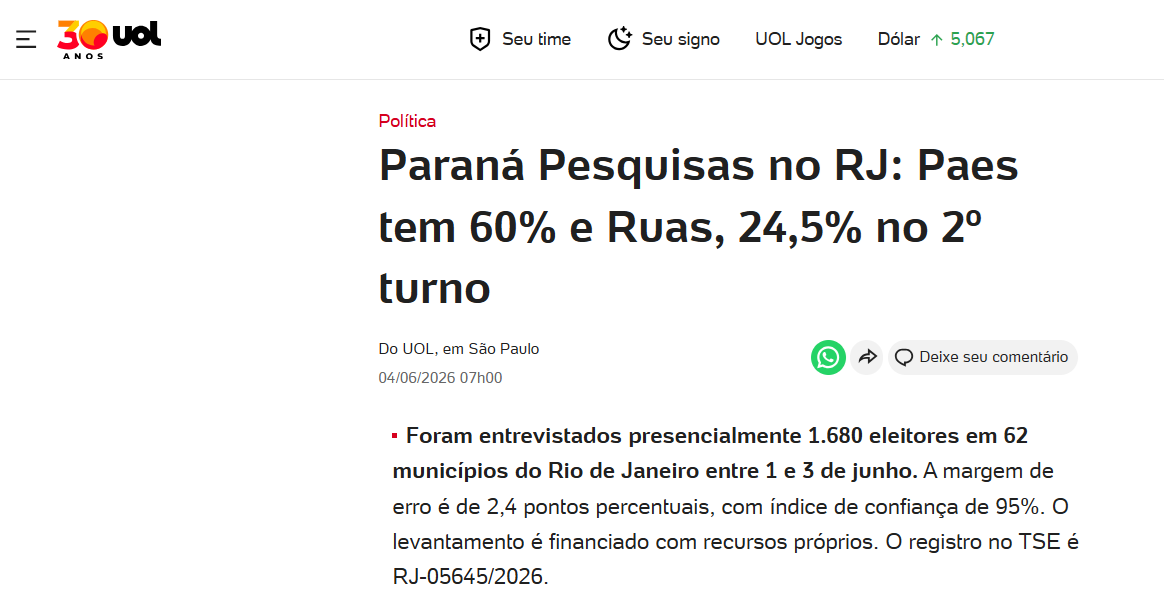 UOL Notícias cita pesquisa realizada para Paraná Pesquisas no Estado do Rio de Janeiro.