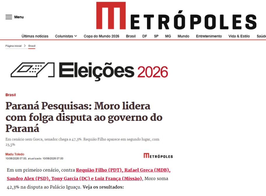 Metrópoles cita pesquisa realizada para Paraná Pesquisas no Estado do Paraná. 2 Metrópoles cita pesquisa realizada para Paraná Pesquisas no Estado do Paraná.