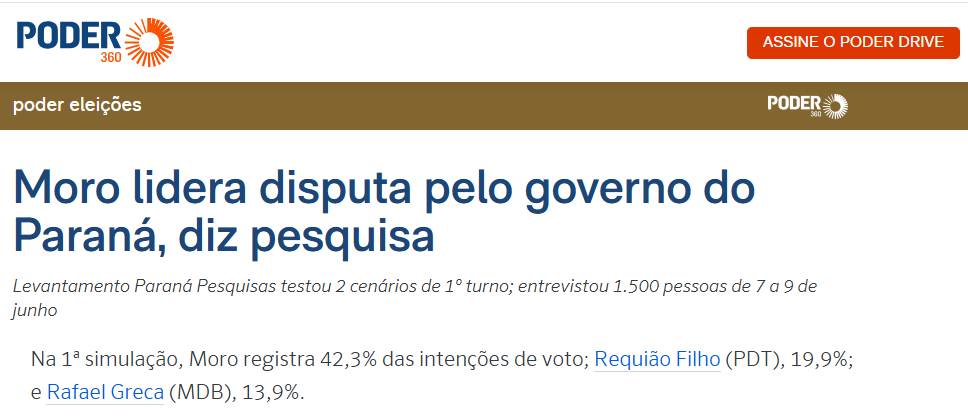 Poder 360 cita pesquisa realizada para Paraná Pesquisas no Estado do Paraná.