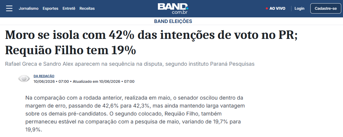 Band cita pesquisa realizada para Paraná Pesquisas no Estado do Paraná. 2 Band cita pesquisa realizada para Paraná Pesquisas no Estado do Paraná.