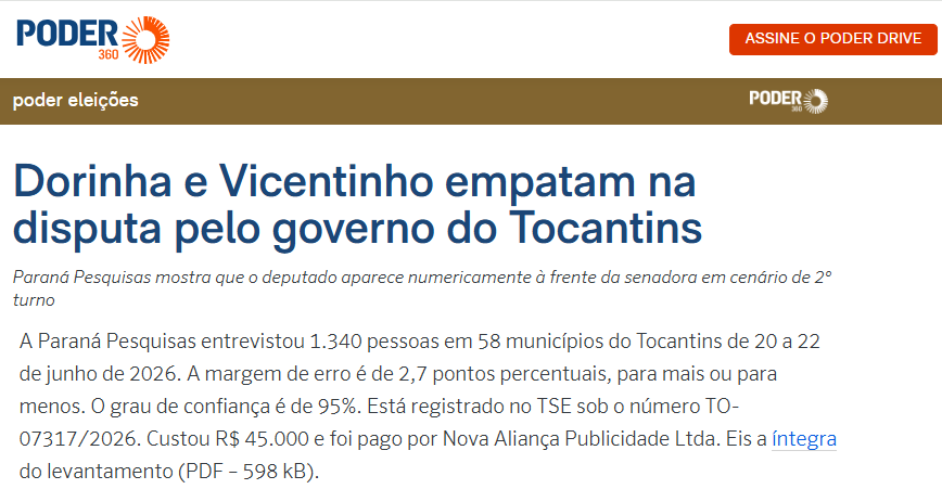 Poder 360 cita pesquisa realizada para Paraná Pesquisas no Estado do Tocantins. 2 Poder 360 cita pesquisa realizada para Paraná Pesquisas no Estado do Tocantins.