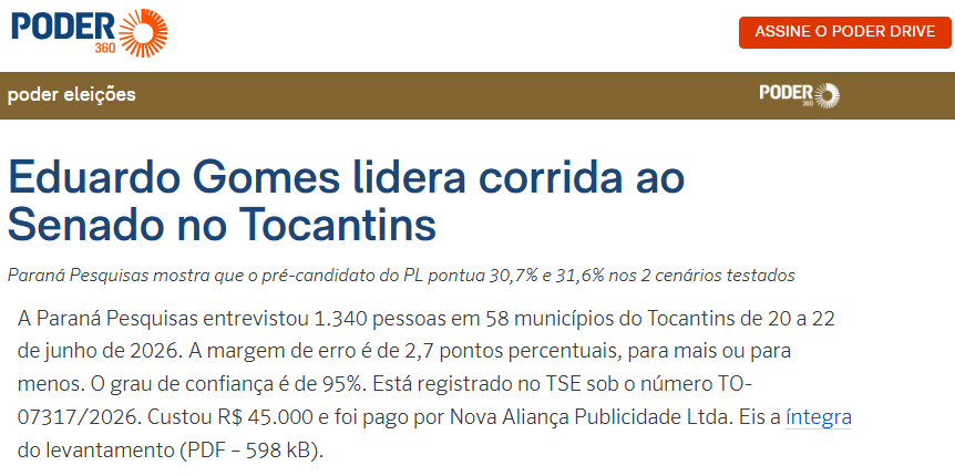Poder 360 cita pesquisa realizada para Paraná Pesquisas no Estado do Tocantins. 2 Poder 360 cita pesquisa realizada para Paraná Pesquisas no Estado do Tocantins.