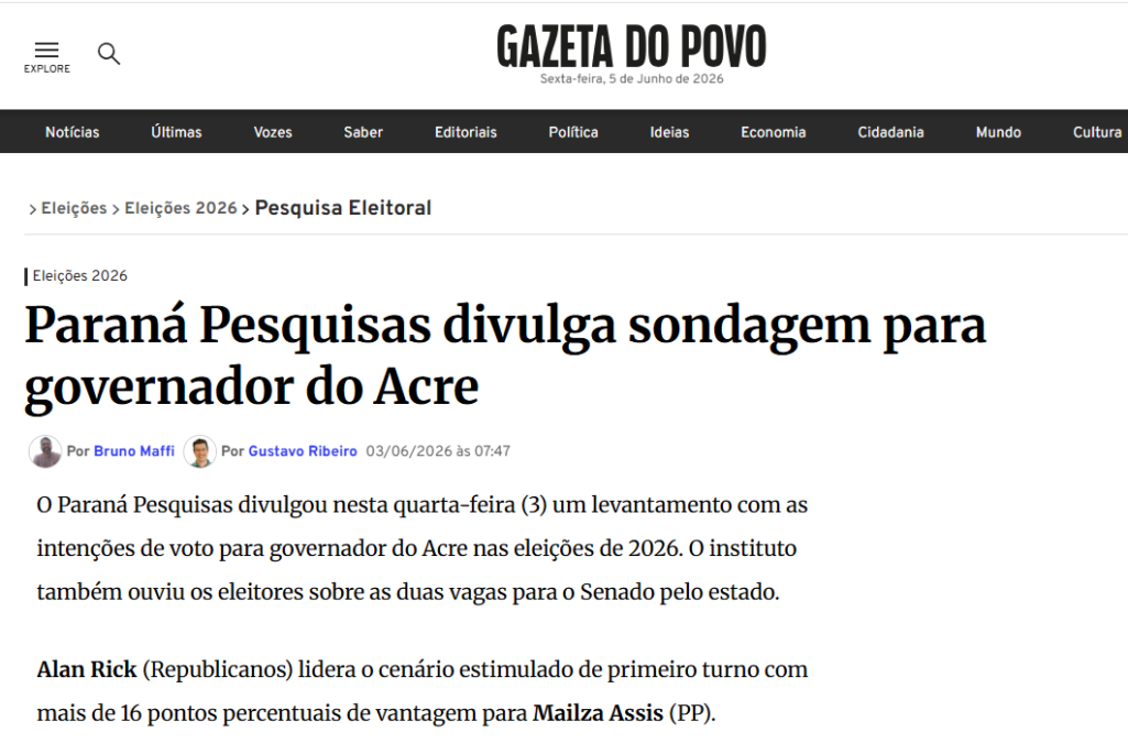Gazeta do Povo cita pesquisa realizada para Paraná Pesquisas no Estado do Acre.
