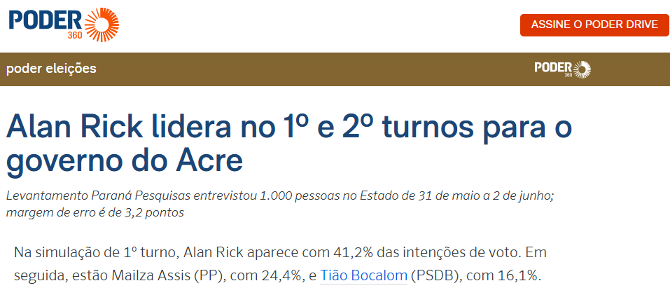 Poder 360 cita pesquisa realizada para Paraná Pesquisas no Estado do Acre.