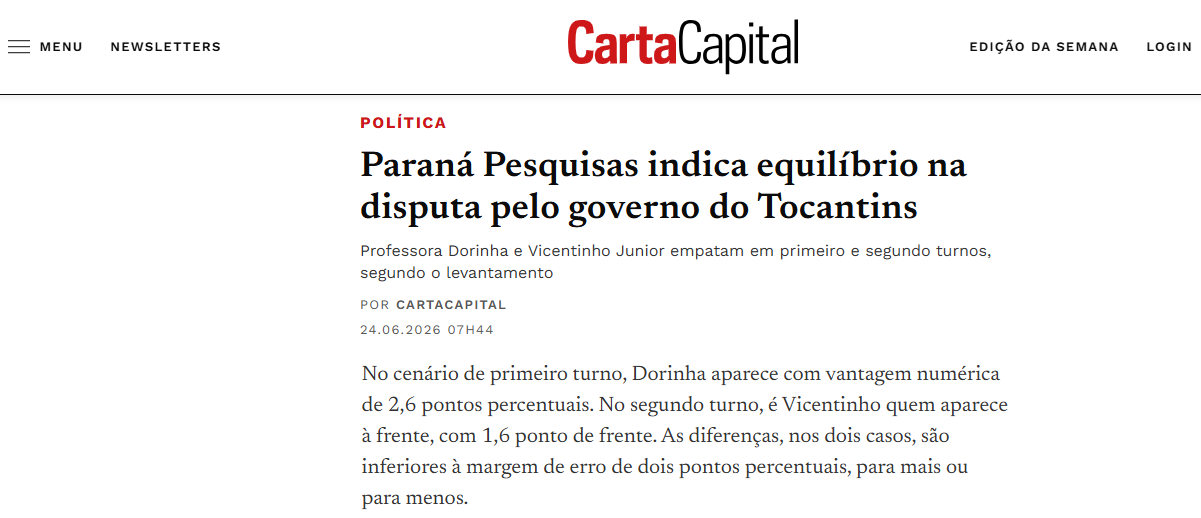 Carta Capital cita pesquisa realizada para Paraná Pesquisas no Estado do Tocantins. 2 Carta Capital cita pesquisa realizada para Paraná Pesquisas no Estado do Tocantins.