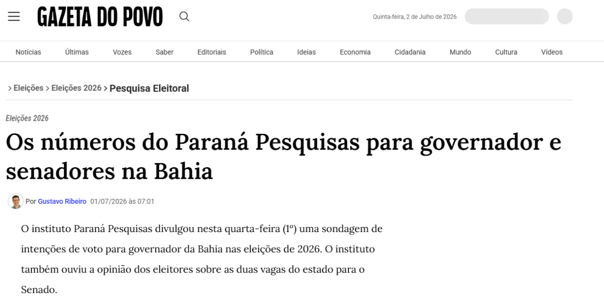 Gazeta do Povo cita pesquisa realizada para Paraná Pesquisas no Estado da Bahia.