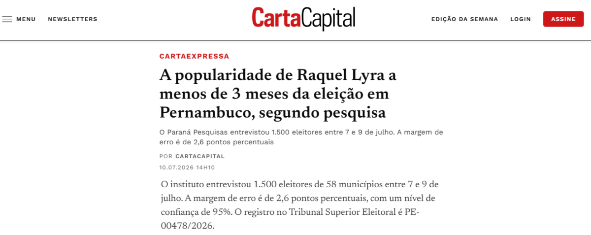 Carta Capital cita pesquisa realizada para Paraná Pesquisas no Estado de Pernambuco.