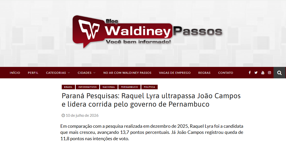 Blog Waldiney Passos cita pesquisa realizada para Paraná Pesquisas no Estado de Pernambuco. 2 Blog Waldiney Passos cita pesquisa realizada para Paraná Pesquisas no Estado de Pernambuco.