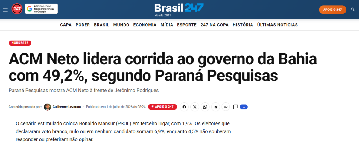 Brasil 247 cita pesquisa realizada para Paraná Pesquisas no Estado da Bahia.