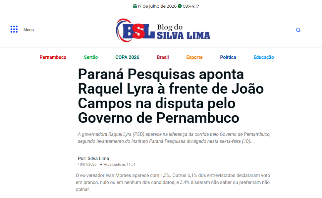 Blog do Silva Lima cita pesquisa realizada para Paraná Pesquisas no Estado de Pernambuco. 2 Blog do Silva Lima cita pesquisa realizada para Paraná Pesquisas no Estado de Pernambuco.