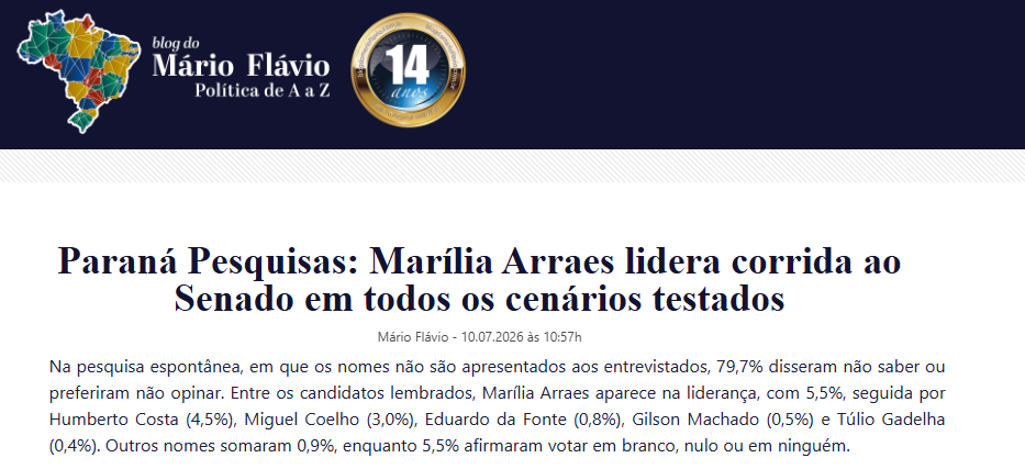 Blog do Mário Flávio cita pesquisa realizada para Paraná Pesquisas no Estado de Pernambuco. 1 Blog do Mário Flávio cita pesquisa realizada para Paraná Pesquisas no Estado de Pernambuco.