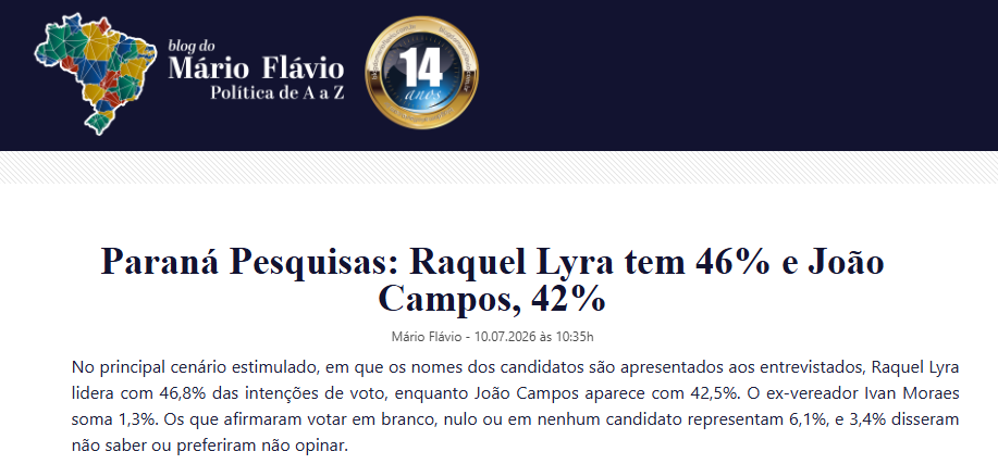 Blog do Mário Flávio cita pesquisa realizada para Paraná Pesquisas no Estado de Pernambuco. 2 Blog do Mário Flávio cita pesquisa realizada para Paraná Pesquisas no Estado de Pernambuco.