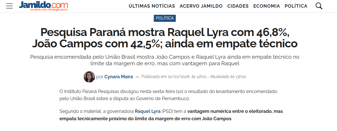 Portal Jamildo cita pesquisa realizada para Paraná Pesquisas no Estado de Pernambuco.