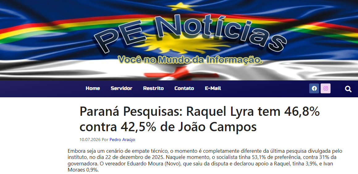 PE Notícias cita pesquisa realizada para Paraná Pesquisas no Estado de Pernambuco.