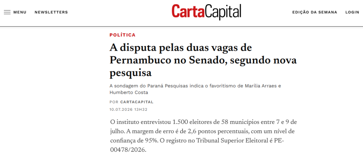 Carta Capital cita pesquisa realizada para Paraná Pesquisas no Estado de Pernambuco.