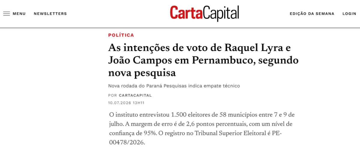 Carta Capital cita pesquisa realizada para Paraná Pesquisas no Estado de Pernambuco.