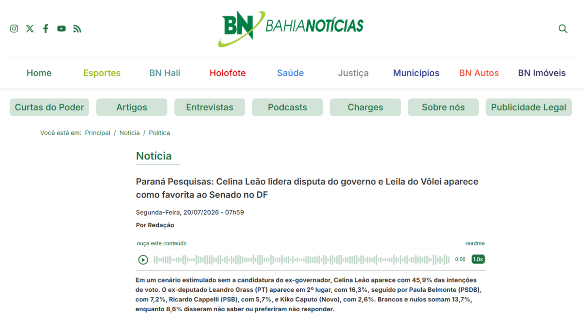 Bahia Notícias cita pesquisa realizada para Paraná Pesquisas no Distrito Federal. 2 Bahia Notícias cita pesquisa realizada para Paraná Pesquisas no Distrito Federal.