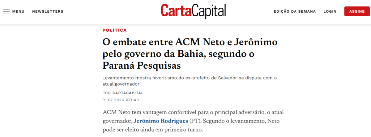Carta Capital cita pesquisa realizada para Paraná Pesquisas no Estado da Bahia.