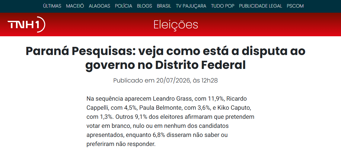 TNH1 cita pesquisa realizada para Paraná Pesquisas no Distrito Federal. 2 TNH1 cita pesquisa realizada para Paraná Pesquisas no Distrito Federal.